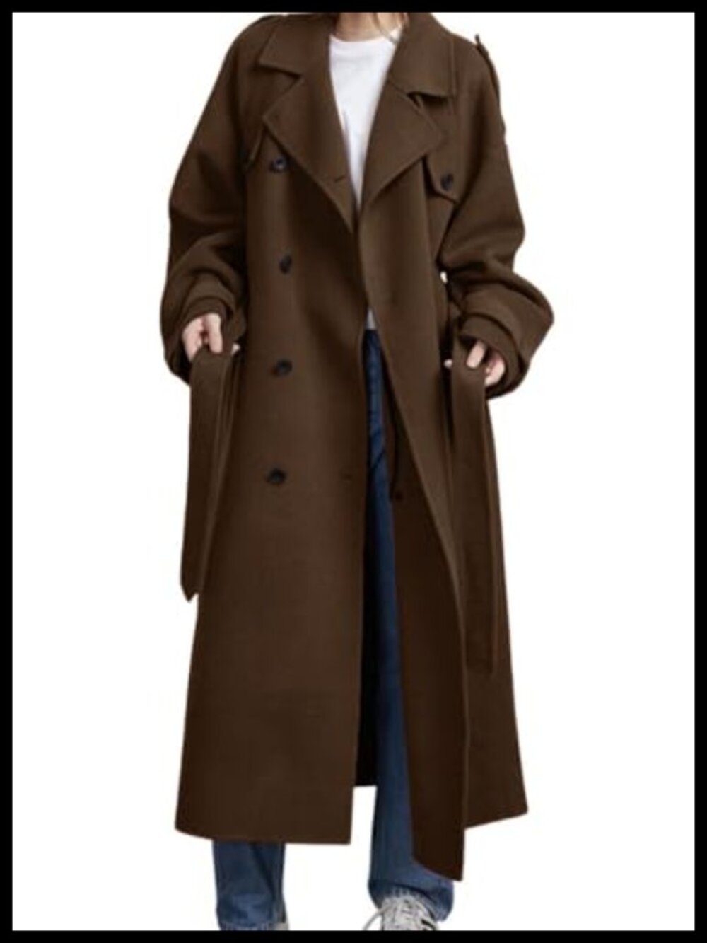 Wool Blend Double Breasted Midi Trench Coat with Belt